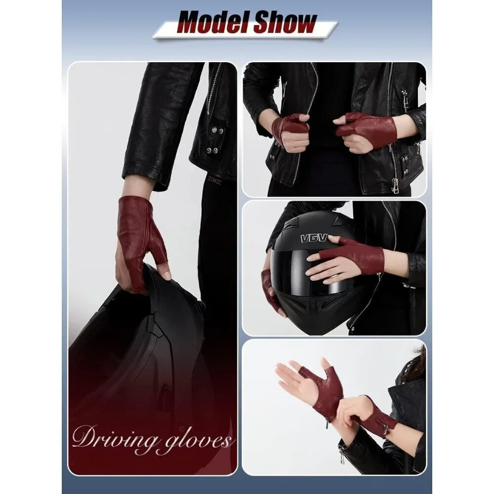 Women's Burgundy Fingerless Leather Driving Half Finger Gloves Halloween Design